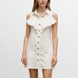 Zara Ruffle Jean Mini Dress White Denim Button Front Sleeveless Size XS